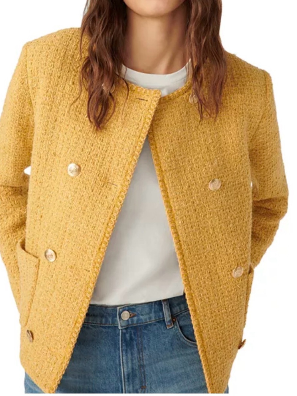 ba&sh Wool Blend Mustard Bouclé Double-Breasted Jacket